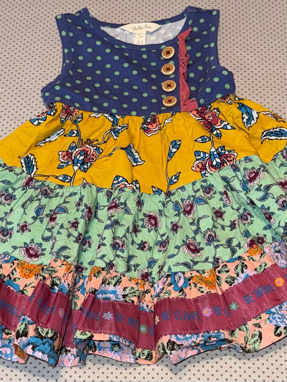 Matilda Jane Girls Tiered Floral Polka Dot Dress Be Brave Size 2 Sleeveless